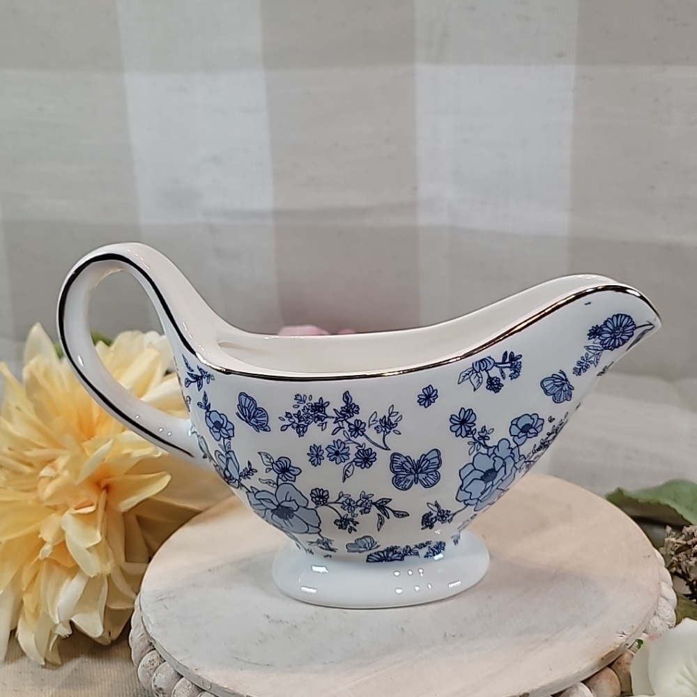 Grace's Teaware Gravy Boat Blue Butterfly & Flowers Gold Trimmed NEW